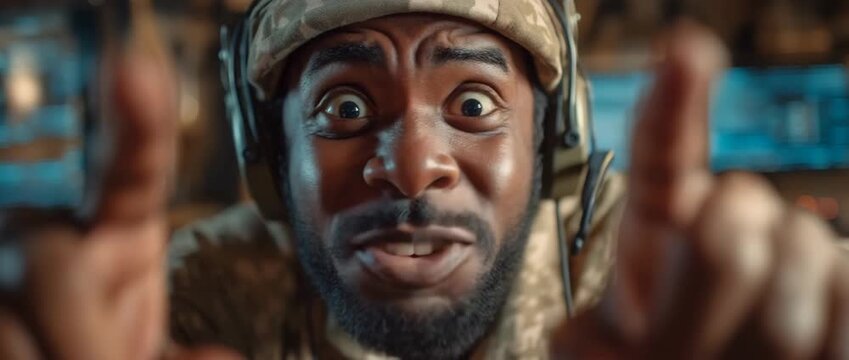 An army dispatcher wearing camouflage gasps in shock as he points to a screen that shows hostile activity.