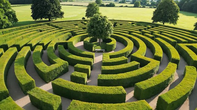 Round hedge maze with a tree in the middle