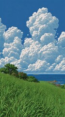 A nostalgic animation inspired countryside beneath towering cumulus clouds