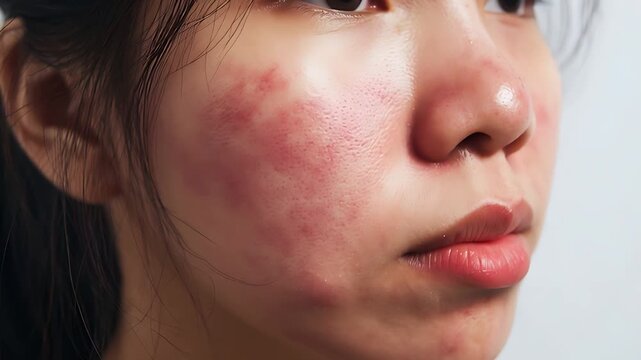 Asian woman with red inflamed skin on cheeks acne rosacea dermatology problem
