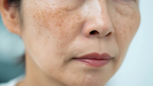 Close up of asian senior woman face with age spots and wrinkles skin care