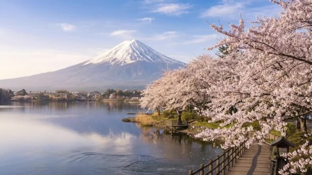A breathtaking panoramic view showcases a majestic snow-capped mountain towering over a tranquil lake, its calm waters reflecting the clear blue sky and distant subtle structures. Delicate pink and wh