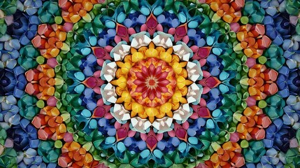 Colorful kaleidoscope pattern background, vibrant symmetrical geometric abstract design with bright multicolor shapes and seamless decorative texture