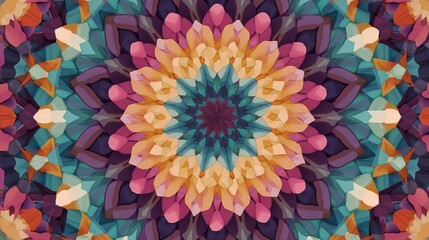 Colorful kaleidoscope pattern background, vibrant symmetrical geometric abstract design with bright multicolor shapes and seamless decorative texture