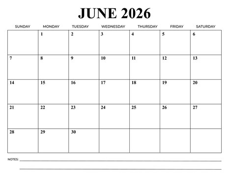 June 2026 Monthly Calendar &ndash; Minimal Printable Planner

Clean and minimal june 2026 monthly calendar template with Sunday start. Features spacious date boxes and a notes section at the bottom.