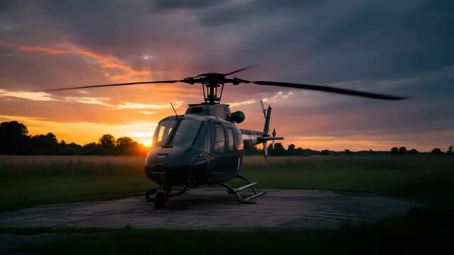 Helicopter on landing pad at sunset with vibrant colorful sky