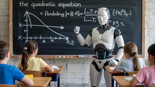 Robot teaching children math in modern classroom setting