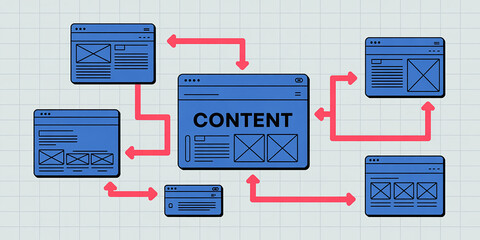Content management system flow chart with blue windows and red arrows flowchart website