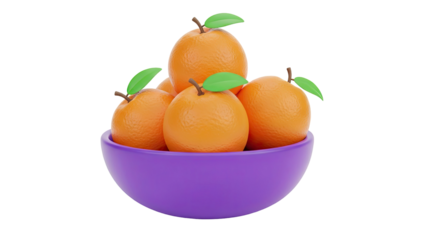 3D Oranges in a purple bowl with leaves on transparent background