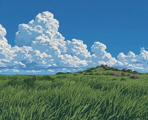 A vivid animation style summer day with endless blue horizons and bright light