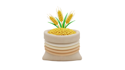 3D Sack of grain with wheat ears and leaves on transparent background