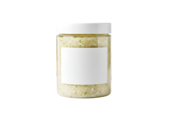 A transparent cylindrical jar packed with light yellow bath salts, giving off a piña colada aroma, is displayed with a white lid and a plain white label for branding.
