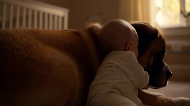 A toddler in pajamas hugs a giant saint bernard, pressing his cheek to its fur in a softly lit nursery with rim light at dusk, concept of unconditional love, safety and valentine's day affection