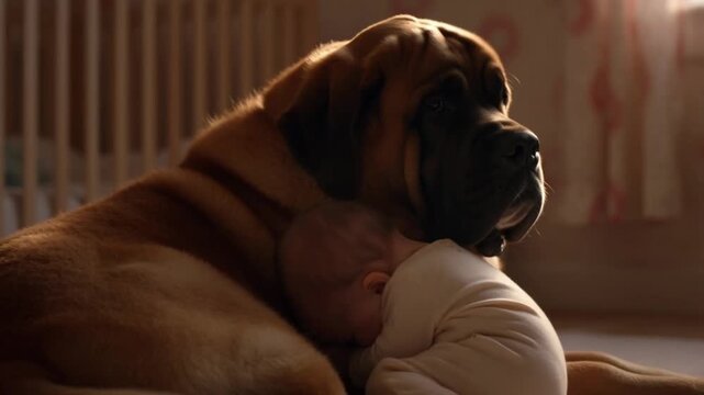 A toddler in pajamas hugs a giant saint bernard, pressing his cheek to its fur in a softly lit nursery with rim light at dusk, concept of unconditional love, safety and valentine's day affection