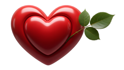 Red heart with leaves isolated on transparent background