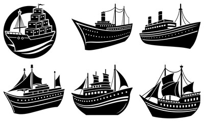 Six black and white vintage sailing ships with detailed rigging and hulls on transparent background vintage ship