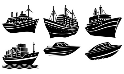 Six Different Types of Ships in Black and White Silhouette on White Background cruise cargo