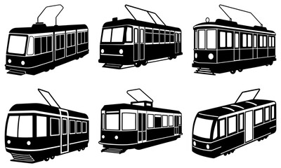 Six Different Black and White Tram Silhouettes on White Background transportation vehicle