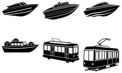 Three Speedboats and Three Trams in Black and White Silhouette on White Background transportation