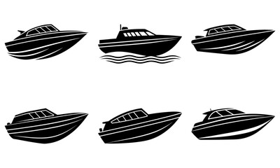 Six Black Yacht Silhouettes on White Background boat