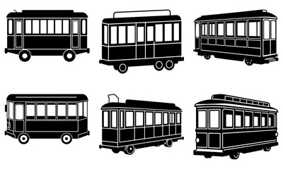 Six Vintage Streetcars in Black and White Silhouette on White Background tram transportation