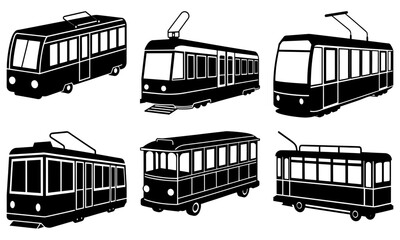 Six Black and White Tram and Trolley Silhouettes on White Background transportation vehicle