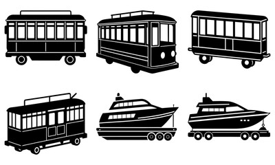 Six black and white transportation vehicle silhouettes including trams and boats on a white background