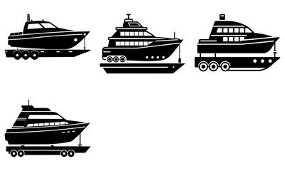 Four Yachts on Trailers with One Yacht Floating in Water Silhouette boat