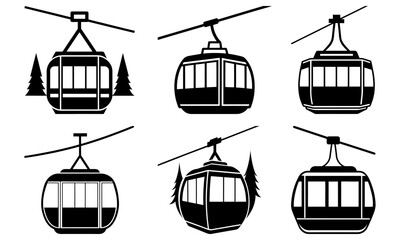 Cable Car Gondolas with Mountain and Fire Symbols on White Background silhouette