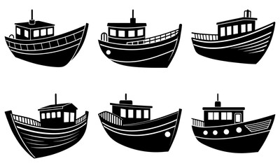 Six black and white boat silhouettes on a white background watercraft