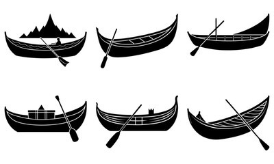Six Black Rowboats with Oars on White Background silhouette