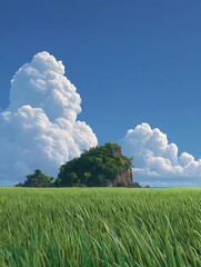 A hand-painted animation style view of rolling meadows beneath brilliant skies
