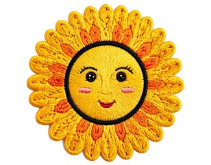 Embroidered patch of a smiling sun with yellow petals on a white background