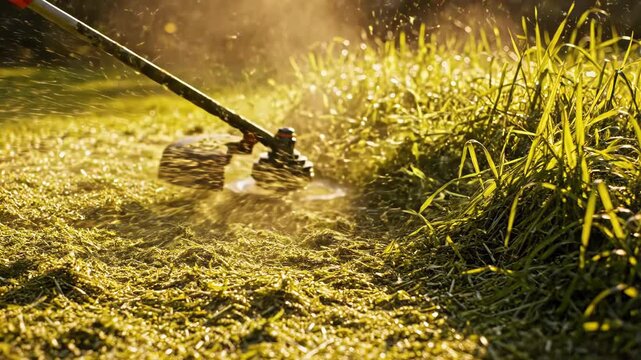 Weed whacker cutting through tall grass and weeds in a field with a long pole and spinning blade on a sunny day