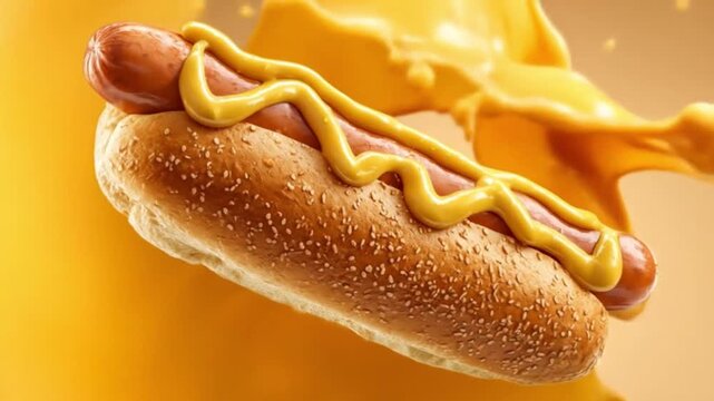 Hot dog glides through golden air, sesame bun, zigzag mustard, vibrant splash, glossy bite and zing