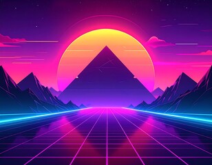 Synthwave landscape features pyramid, mountains, and neon lines