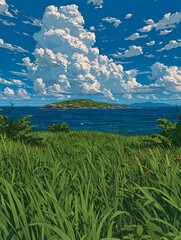 A vibrant animation style summer meadow under towering white clouds and blue sky