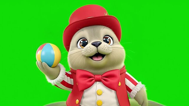 Friendly cartoon seal in a circus outfit holding a colorful ball on a green screen background