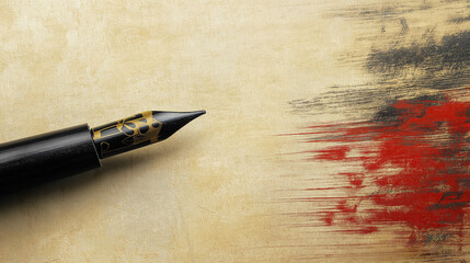 Japanese Calligraphy Pen on Golden Washi Paper with Artistic Red and Black Brush Strokes Background
