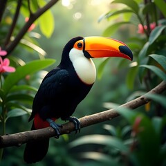 Fototapeta premium Colourful toucan perched on a tree branch in the tropical jungle