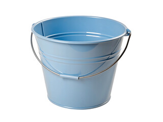 Light blue metal bucket with silver handle on black background