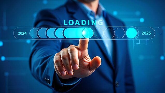 A businessman pressing a loading bar transitioning from 2024 to 2025 - Powered by Adobe