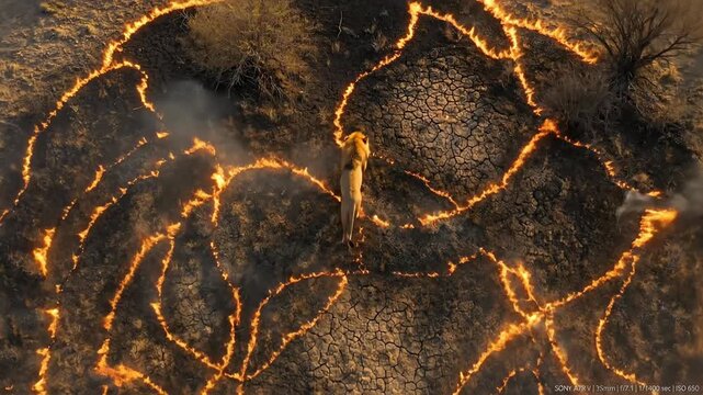 Overhead View of lion Walking Through Burning Landscape at Night