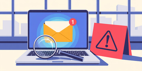 Laptop with email and warning sign on desk with cityscape background computer notification
