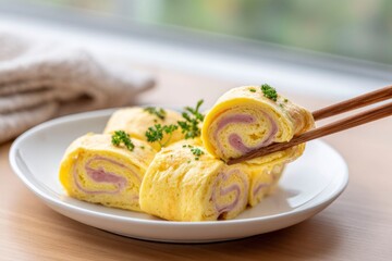 closeup of omelet rolls with ham and cheese, on a white plate, using chopsticks to pick up one omelet rollt, wooden table background, warm color tone