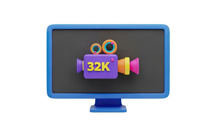 3D 32K video camera icon on a monitor screen on transparent background