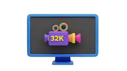 3D 32K video camera icon on a monitor screen on transparent background