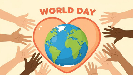 Diverse hands around a heart shaped earth on world day for unity and global love