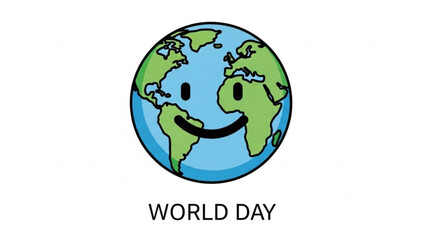 Happy smiling earth with green continents and blue oceans on white background for world day