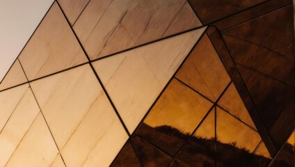 Golden sunset light reflecting on a modern geometric building facade.